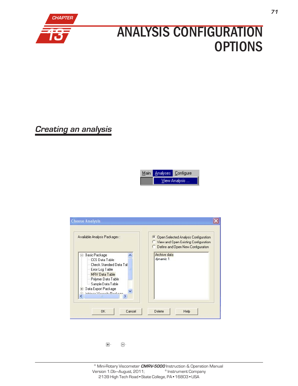 Analysis configuration options, Creating an analysis | Cannon Instrument CMRV-5000 User Manual | Page 77 / 128