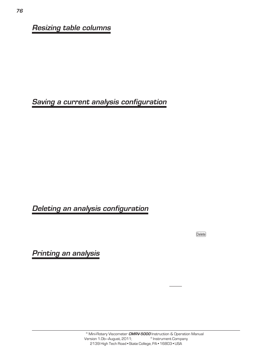 Resizing table columns, Saving a current analysis configuration, Deleting an analysis configuration | Printing an analysis | Cannon Instrument CMRV-5000 User Manual | Page 82 / 128