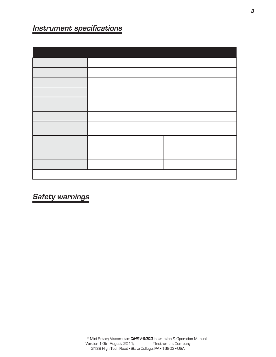 Instrument specifications, Safety warnings | Cannon Instrument CMRV-5000 User Manual | Page 9 / 128