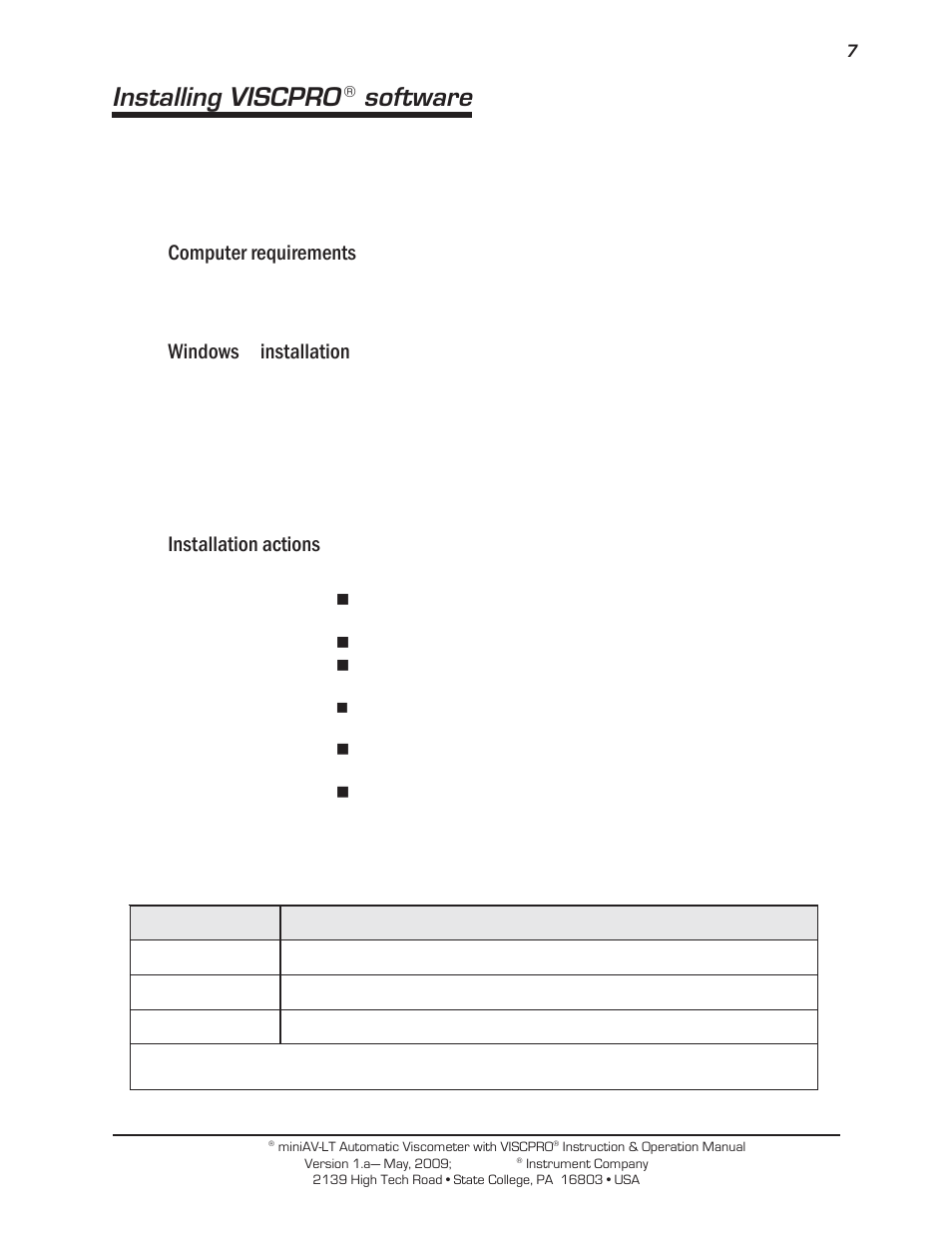 Installing viscpro, Software, Computer requirements | Windows, Installation, Installation actions | Cannon Instrument miniAV-LT User Manual | Page 11 / 124