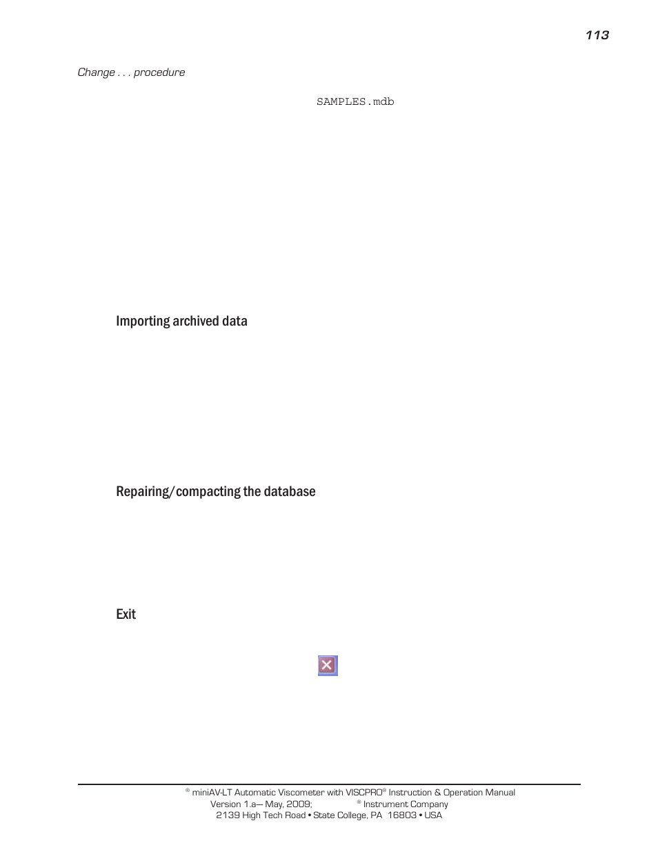 Importing archived data, Repairing/compacting the database, Exit | Cannon Instrument miniAV-LT User Manual | Page 117 / 124