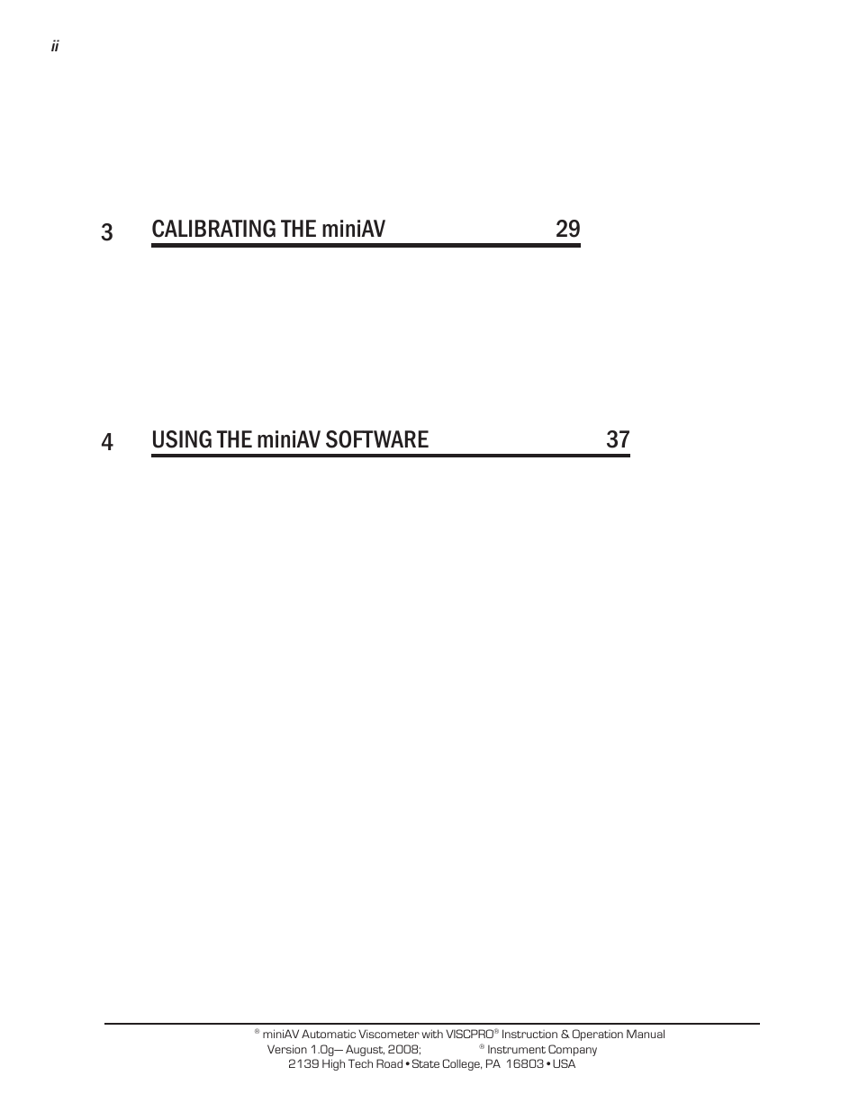 3calibrating the miniav 29, 4using the miniav software 37 | Cannon Instrument miniAV-LT User Manual | Page 2 / 124