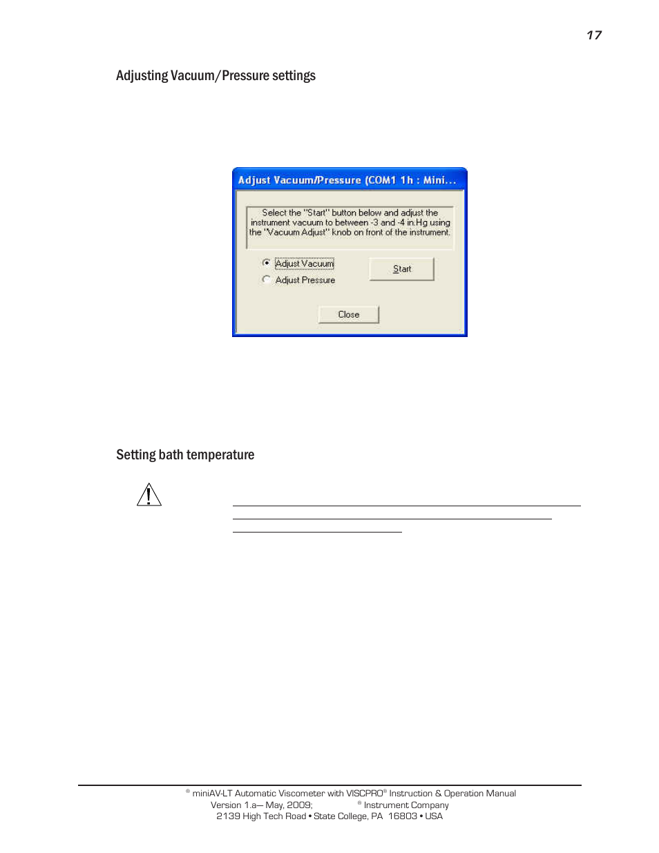 Adjusting vacuum/pressure settings, Setting bath temperature | Cannon Instrument miniAV-LT User Manual | Page 21 / 124