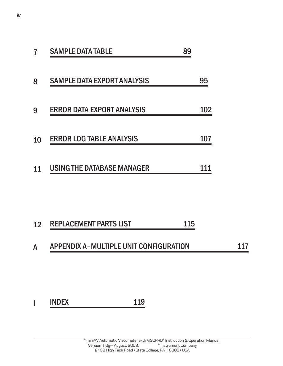 7sample data table 89, 8sample data export analysis 95, 9error data export analysis 102 | Iindex 119 | Cannon Instrument miniAV-LT User Manual | Page 4 / 124