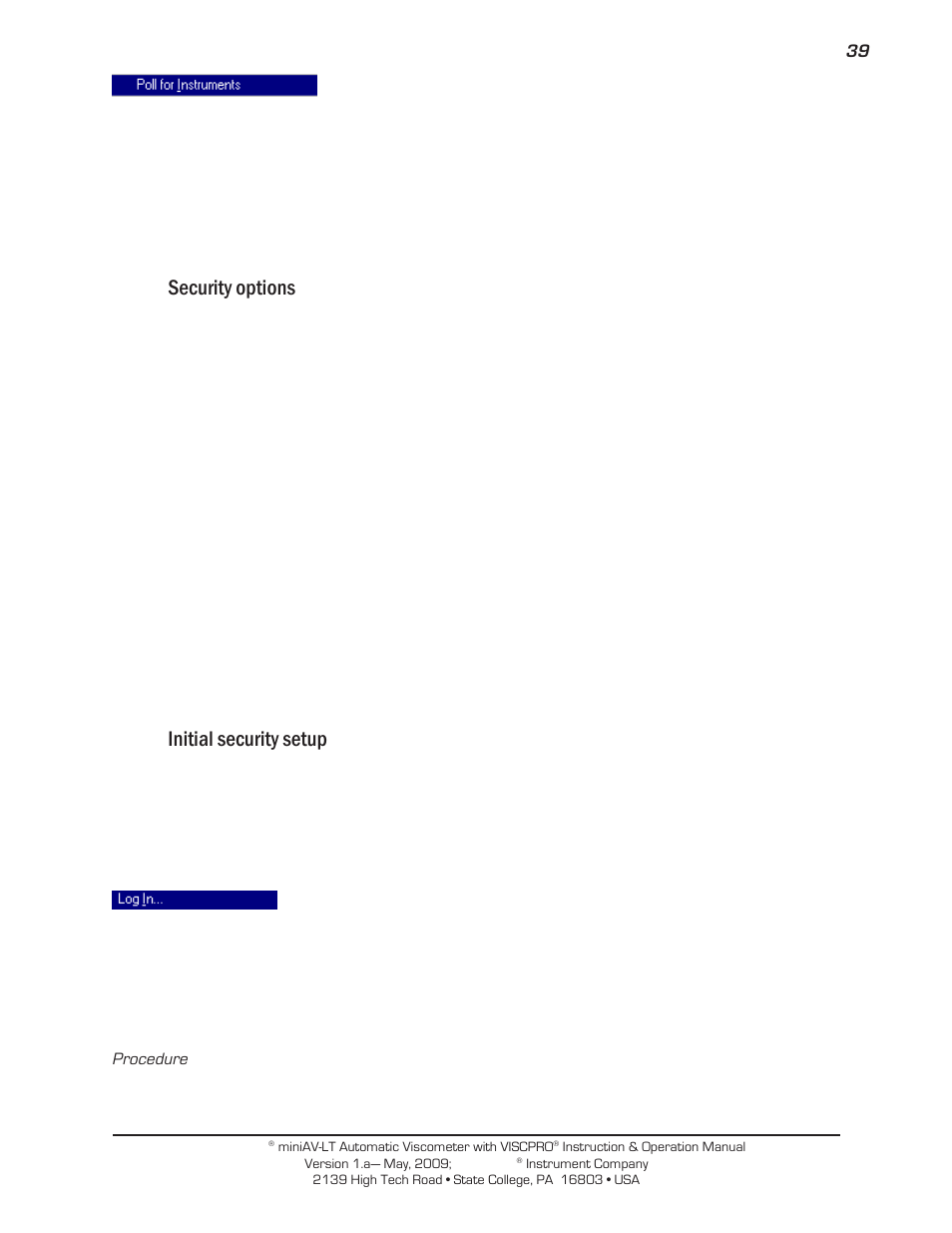 Security options, Initial security setup | Cannon Instrument miniAV-LT User Manual | Page 43 / 124