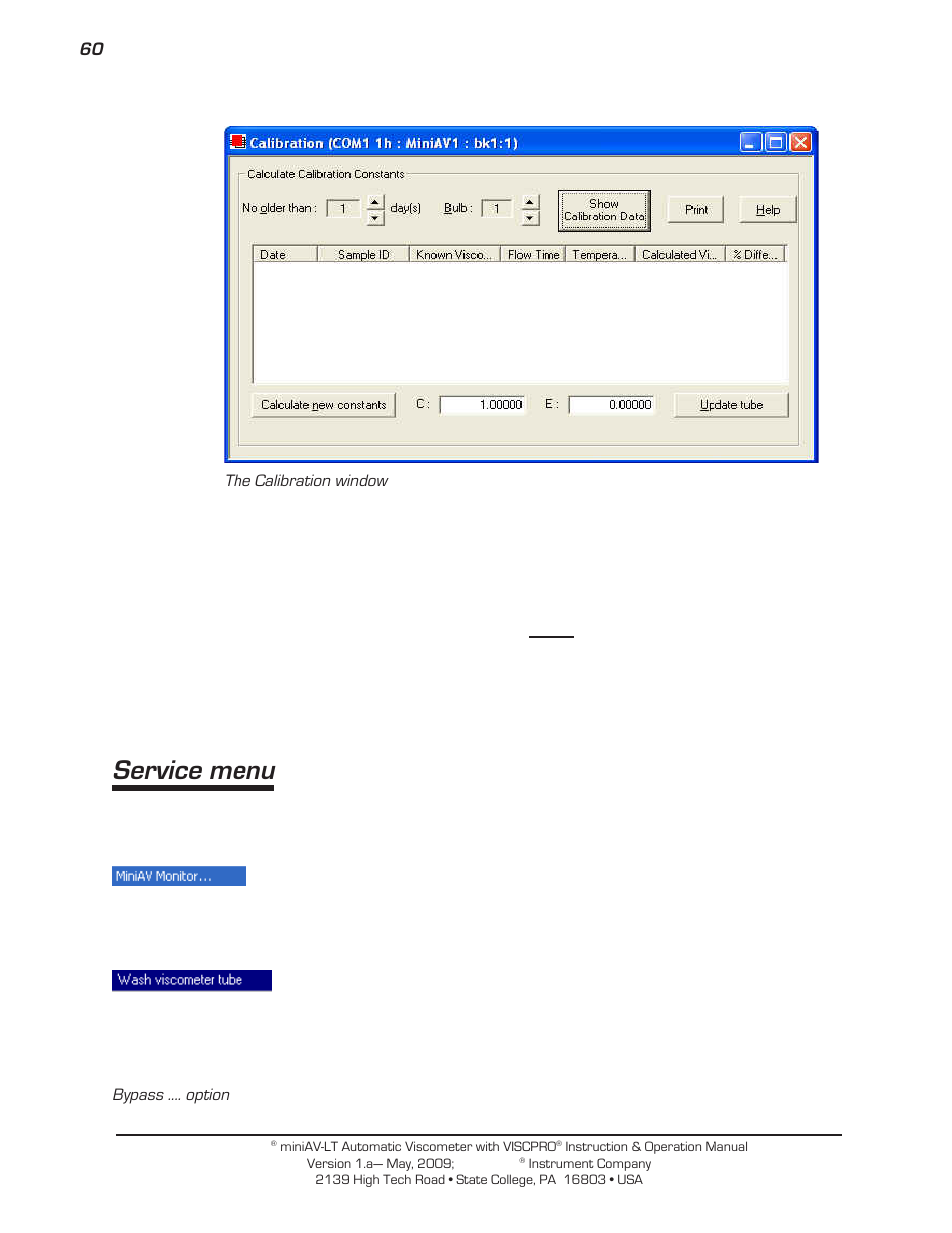 Service menu | Cannon Instrument miniAV-LT User Manual | Page 64 / 124