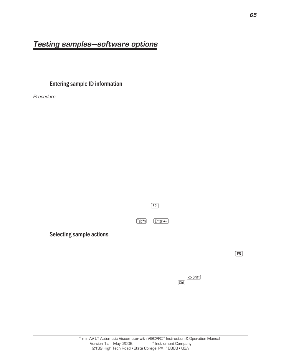 Testing samples—software options, Entering sample id information, Selecting sample actions | Cannon Instrument miniAV-LT User Manual | Page 69 / 124