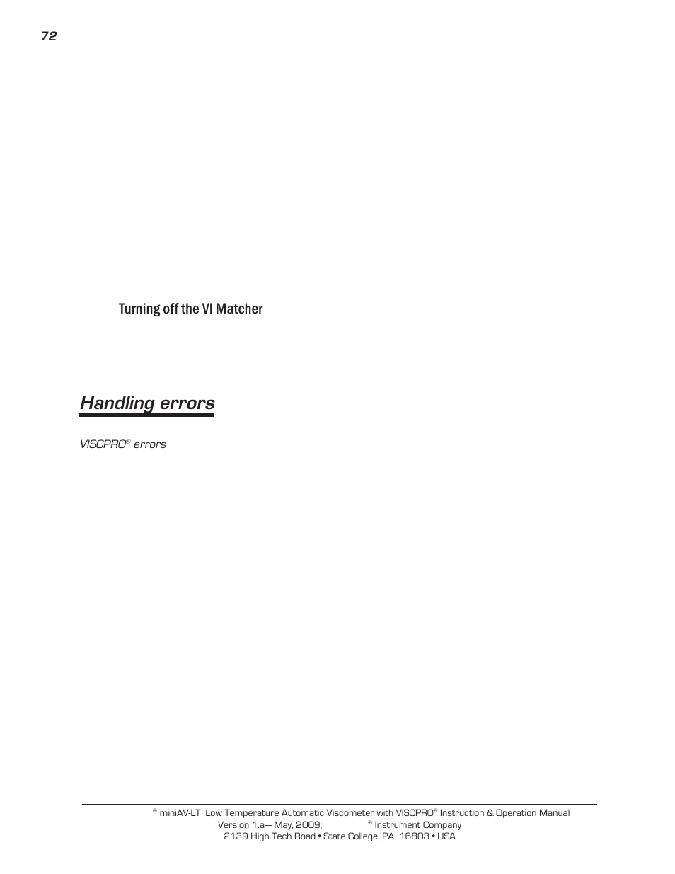 Handling errors, Turning off the vi matcher | Cannon Instrument miniAV-LT User Manual | Page 76 / 124