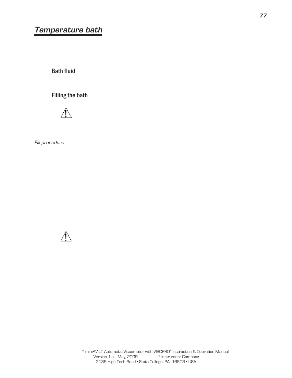 Temperature bath, Bath fluid, Filling the bath | Cannon Instrument miniAV-LT User Manual | Page 81 / 124