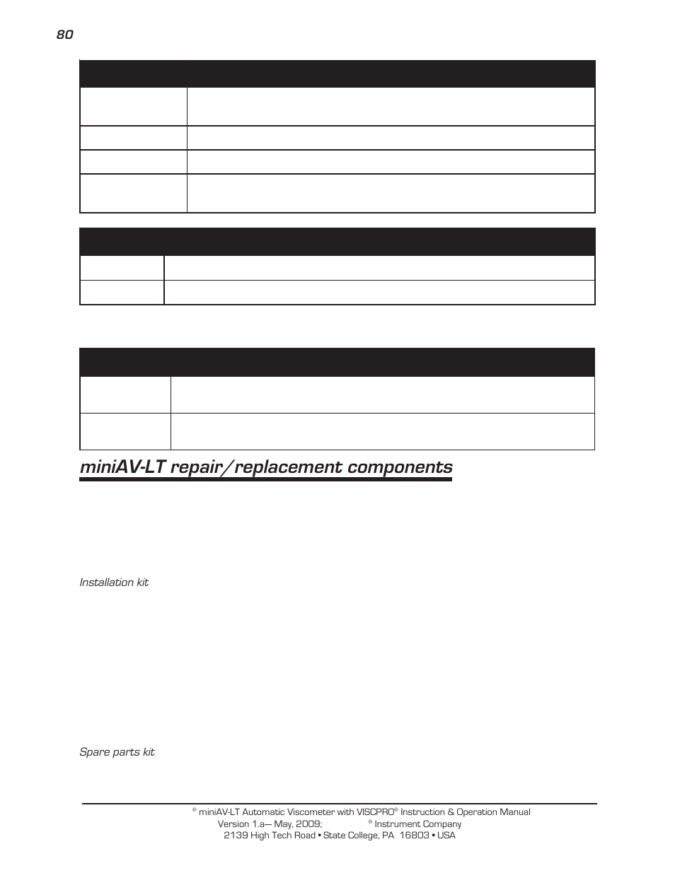Miniav-lt repair/replacement components | Cannon Instrument miniAV-LT User Manual | Page 84 / 124