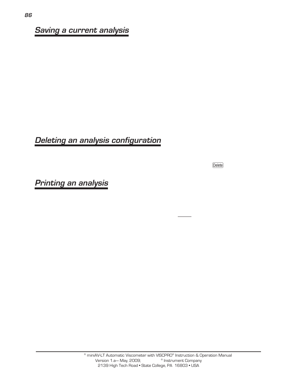 Saving a current analysis, Deleting an analysis configuration, Printing an analysis | Cannon Instrument miniAV-LT User Manual | Page 90 / 124