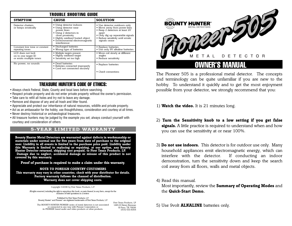 Bounty Hunter PIONEER 505 User Manual | 16 pages