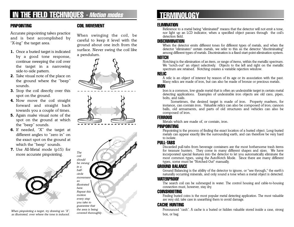 Terminology, Motion modes | Bounty Hunter PIONEER 505 User Manual | Page 3 / 16