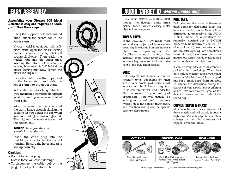 Easy assembly, Audio target id, Motion modes only | Bounty Hunter PIONEER 505 User Manual | Page 4 / 16