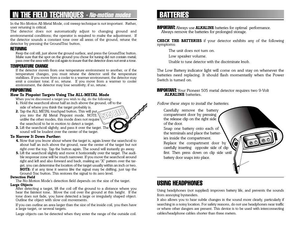 Batteries, No-motion modes, Using headphones | Bounty Hunter PIONEER 505 User Manual | Page 5 / 16