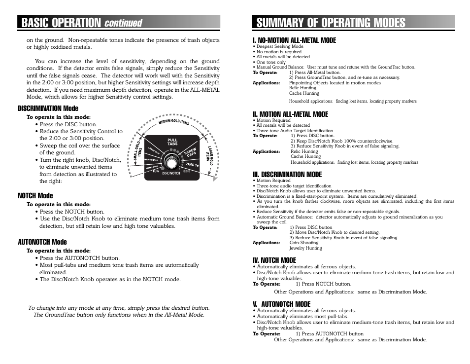 Summary of operating modes, Basic operation, Continued | Bounty Hunter PIONEER 505 User Manual | Page 9 / 16