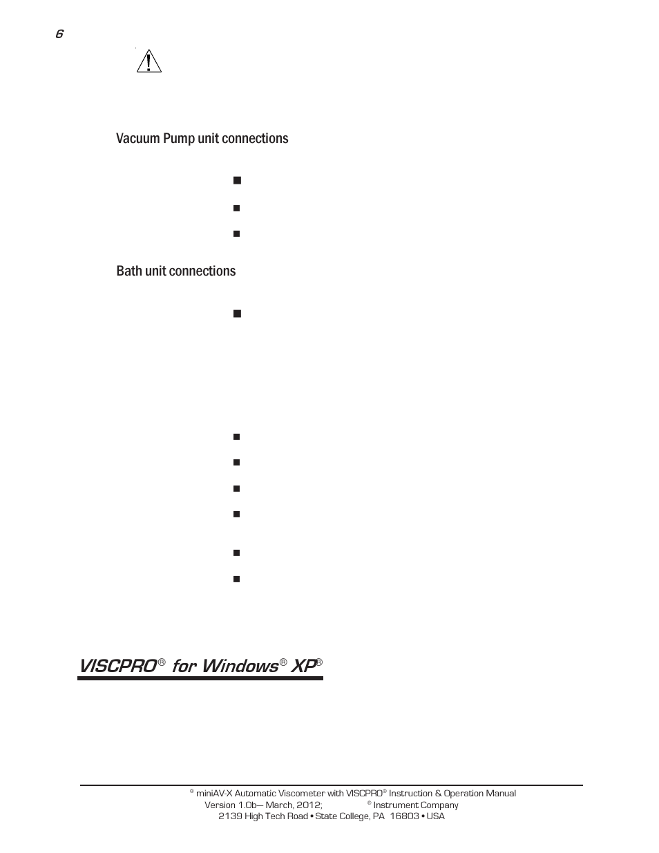 Viscpro, For windows, Vacuum pump unit connections | Bath unit connections | Cannon Instrument miniAV-X User Manual | Page 12 / 140