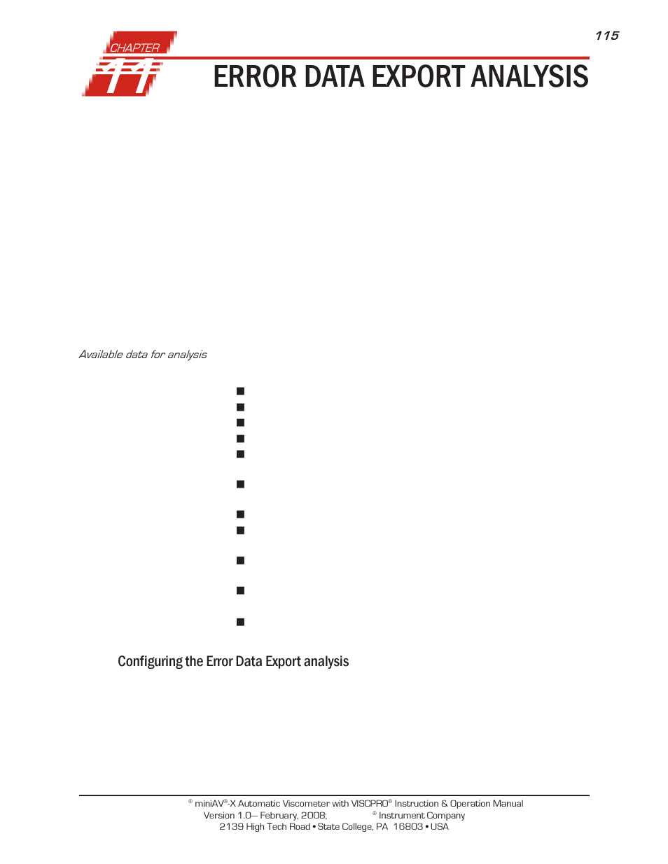 Error data export analysis, Configuring the error data export analysis | Cannon Instrument miniAV-X User Manual | Page 121 / 140