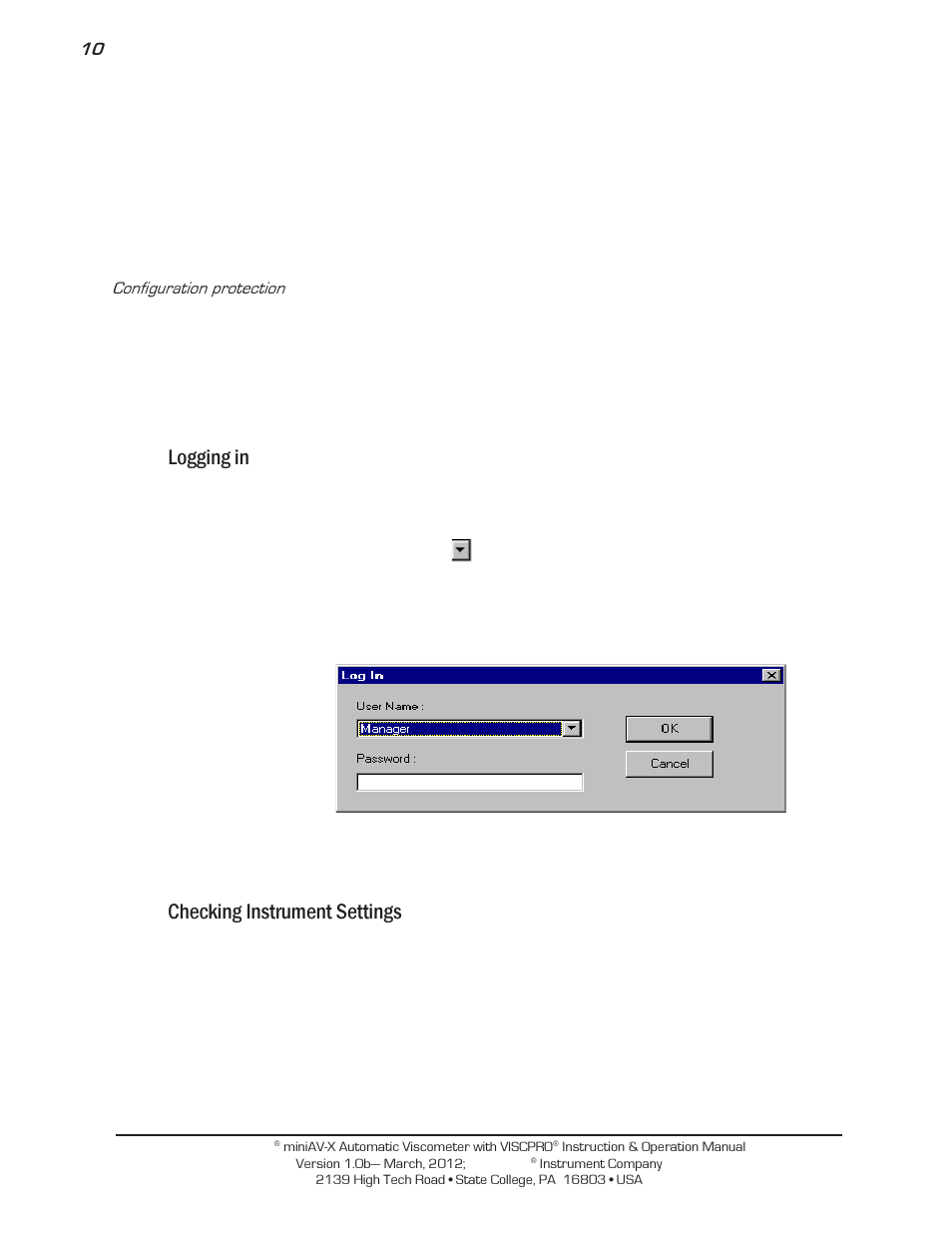 Logging in, Checking instrument settings | Cannon Instrument miniAV-X User Manual | Page 16 / 140