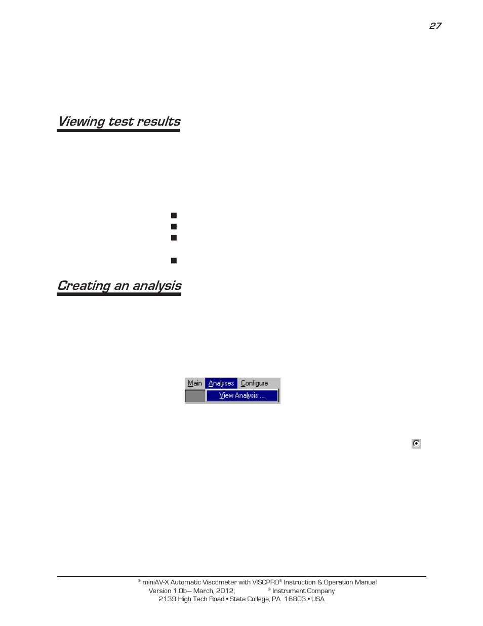 Viewing test results, Creating an analysis | Cannon Instrument miniAV-X User Manual | Page 33 / 140