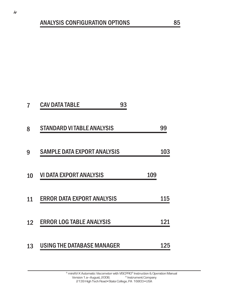 Analysis configuration options 85, 7cav data table 93, 8standard vi table analysis 99 | 9sample data export analysis 103 | Cannon Instrument miniAV-X User Manual | Page 4 / 140