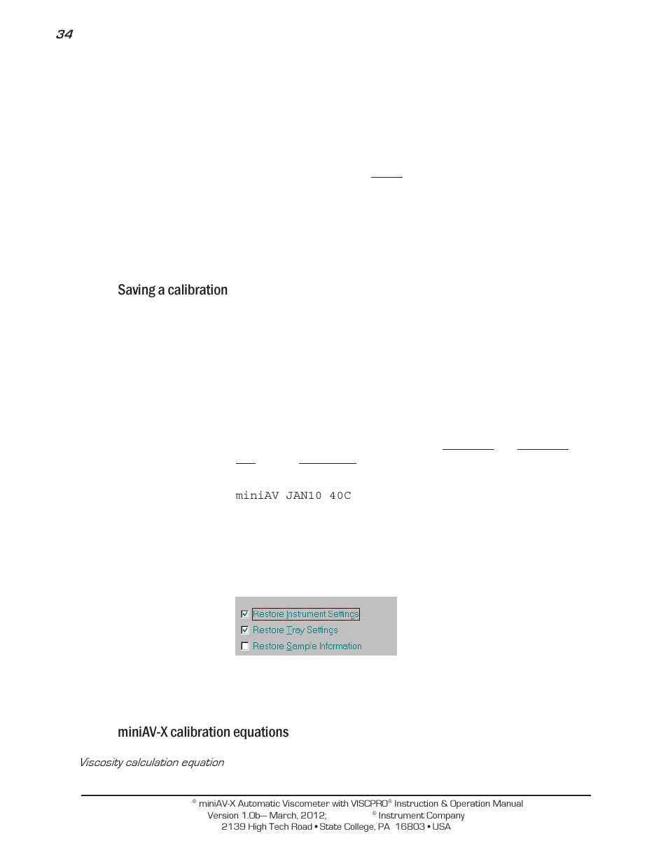 Saving a calibration, Miniav-x calibration equations | Cannon Instrument miniAV-X User Manual | Page 40 / 140