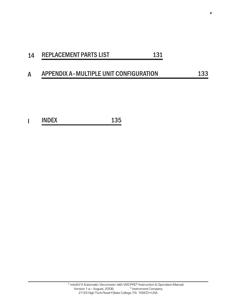 Iindex 135 | Cannon Instrument miniAV-X User Manual | Page 5 / 140