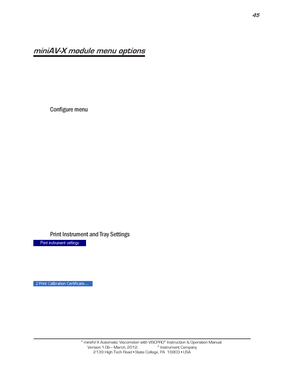 Miniav-x module menu options, Configure menu, Print instrument and tray settings | Cannon Instrument miniAV-X User Manual | Page 51 / 140