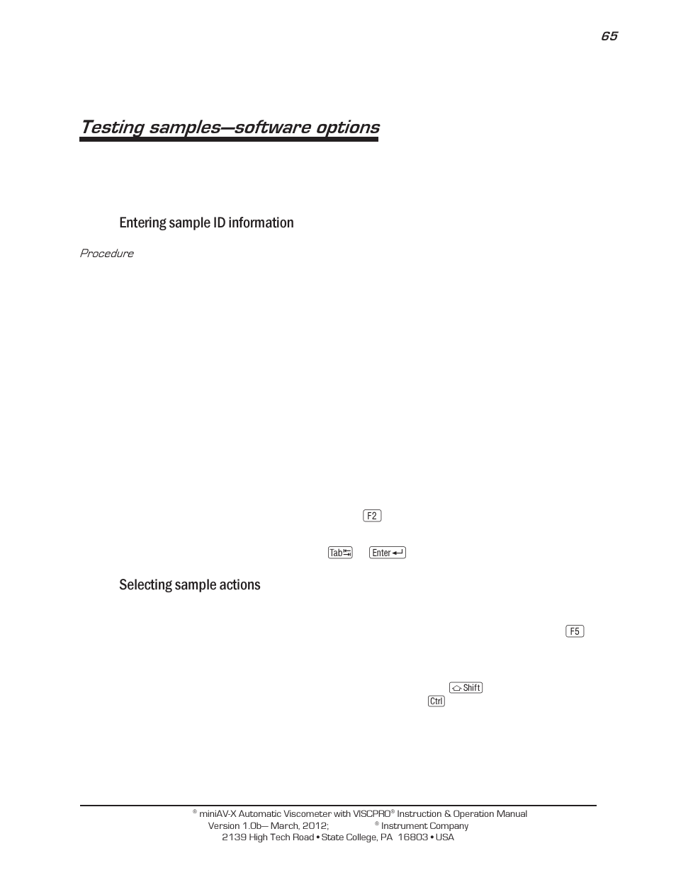 Testing samples—software options, Entering sample id information, Selecting sample actions | Cannon Instrument miniAV-X User Manual | Page 71 / 140
