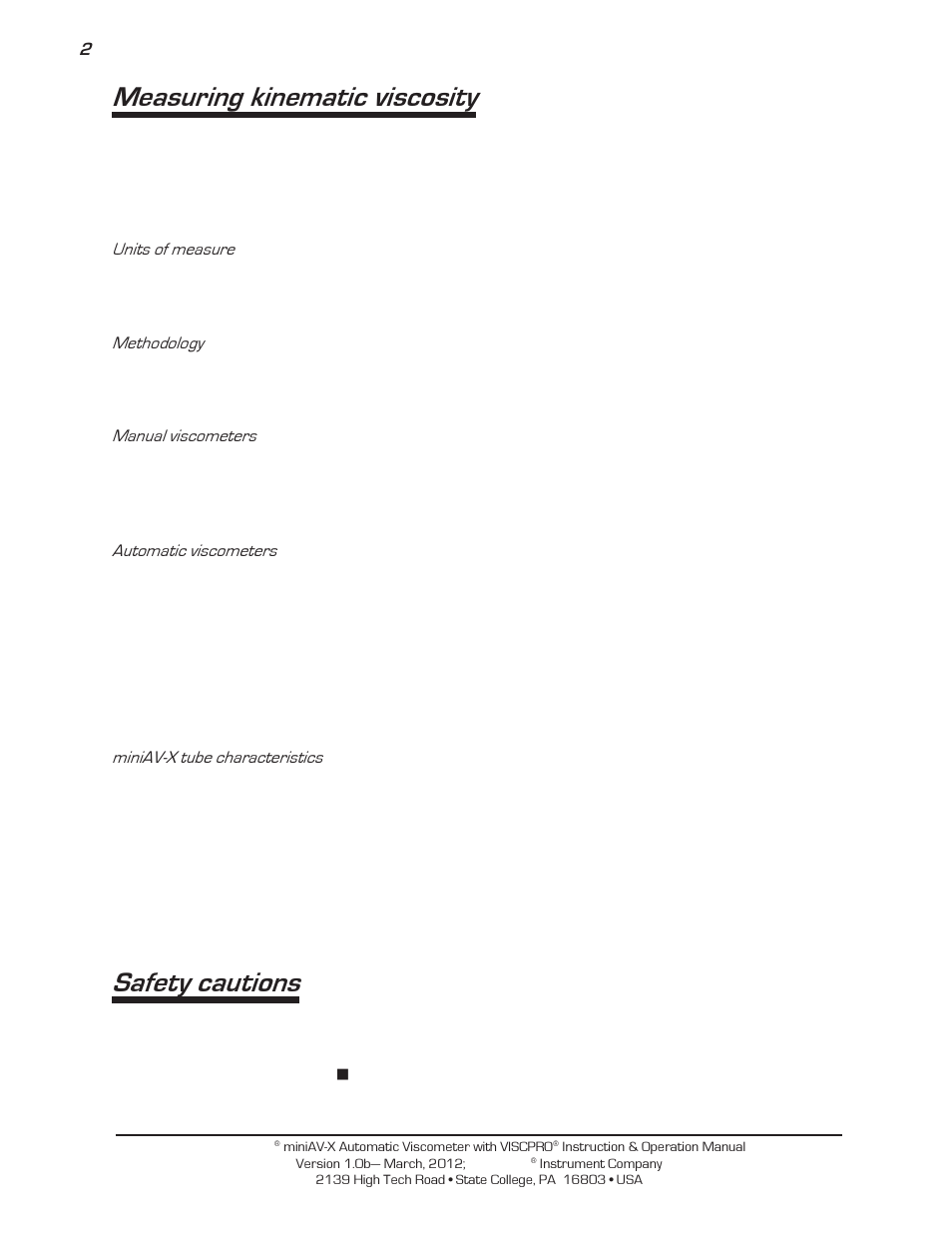 Measuring kinematic viscosity, Safety cautions | Cannon Instrument miniAV-X User Manual | Page 8 / 140