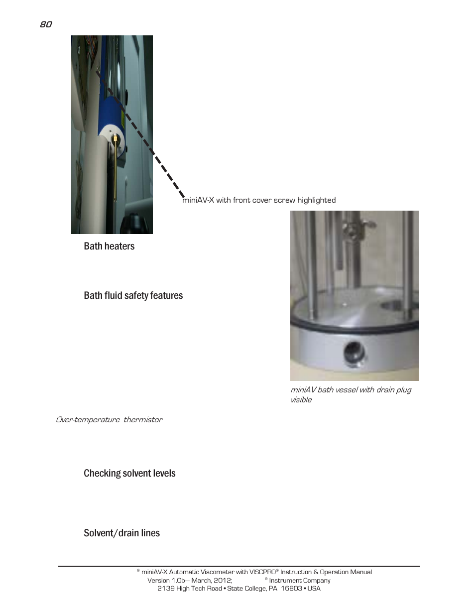 Bath heaters, Bath fluid safety features, Checking solvent levels | Solvent/drain lines | Cannon Instrument miniAV-X User Manual | Page 86 / 140
