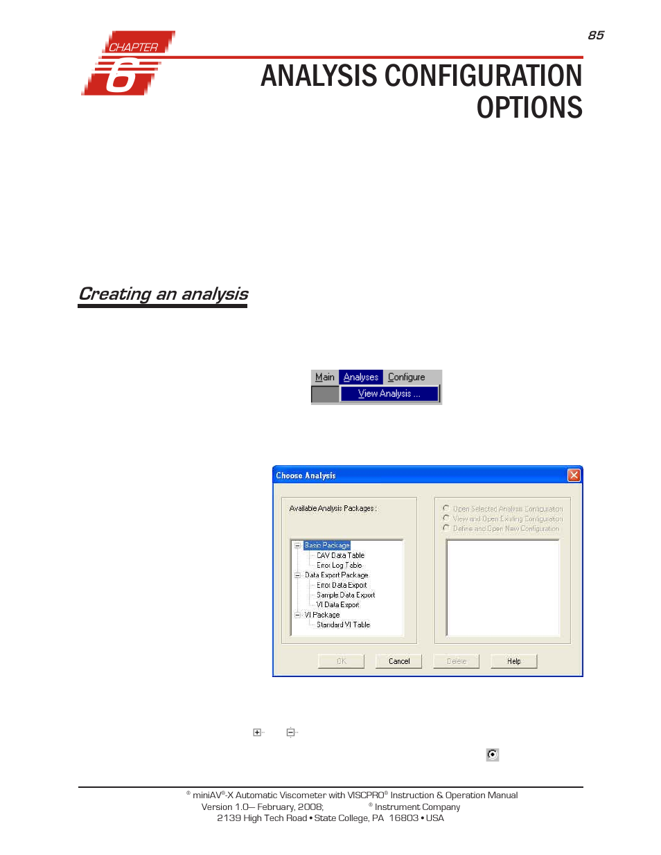 Analysis configuration options, Creating an analysis | Cannon Instrument miniAV-X User Manual | Page 91 / 140