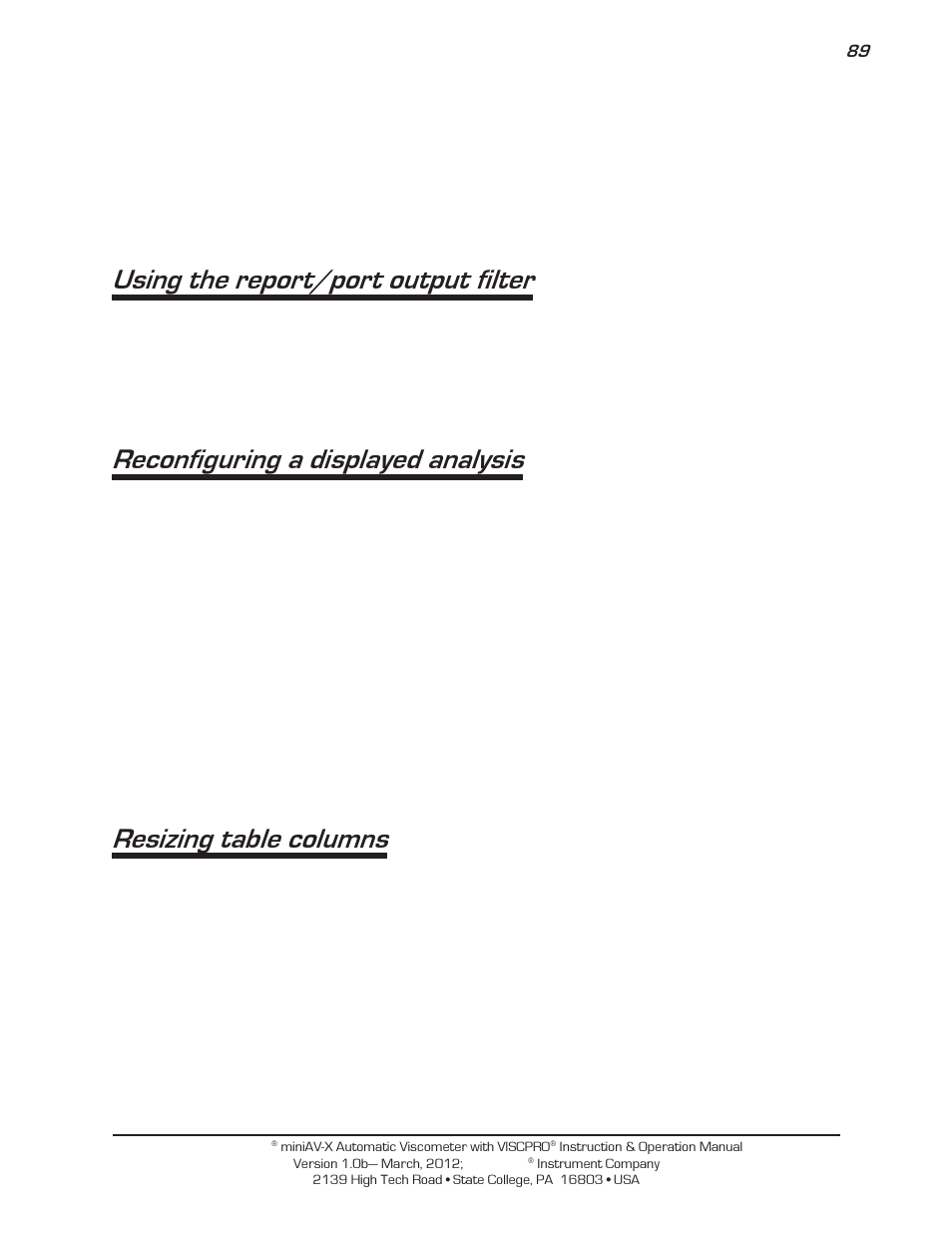 Using the report/port output filter, Reconfiguring a displayed analysis, Resizing table columns | Cannon Instrument miniAV-X User Manual | Page 95 / 140