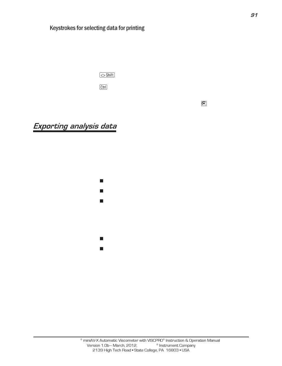 Exporting analysis data, Keystrokes for selecting data for printing | Cannon Instrument miniAV-X User Manual | Page 97 / 140