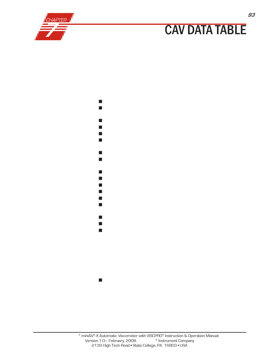 Cav data table | Cannon Instrument miniAV-X User Manual | Page 99 / 140