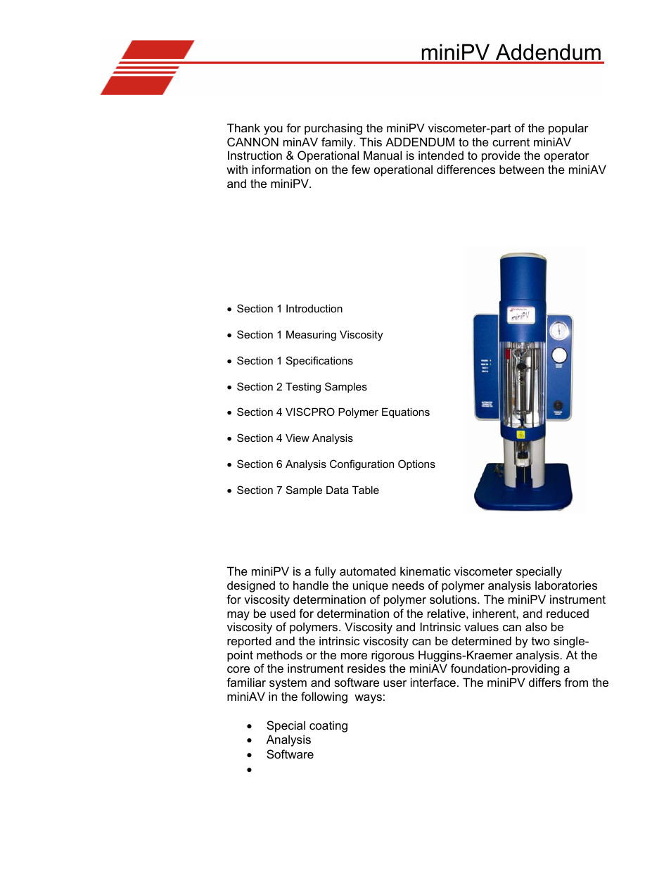 Cannon Instrument miniPV Addendum User Manual | 9 pages