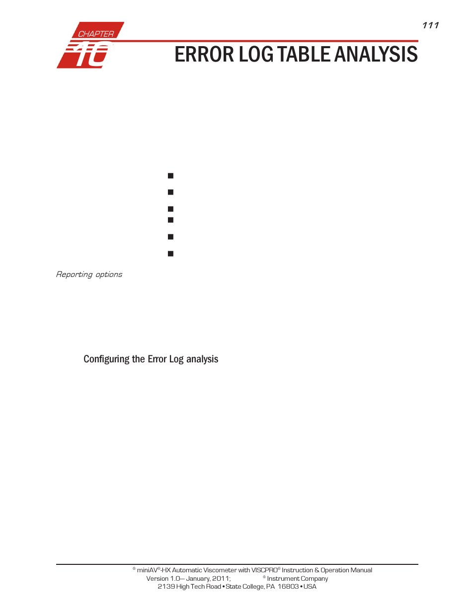 Error log table analysis, Configuring the error log analysis | Cannon Instrument miniPV-X User Manual | Page 117 / 130