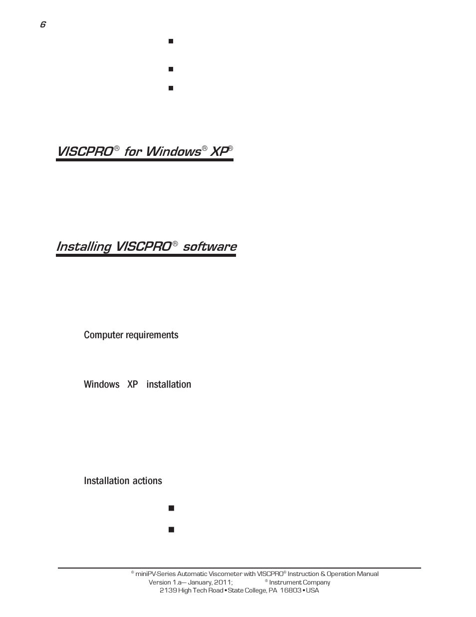 Viscpro, For windows, Installing viscpro | Software, Computer requirements, Windows, Installation, Installation actions | Cannon Instrument miniPV-X User Manual | Page 12 / 130