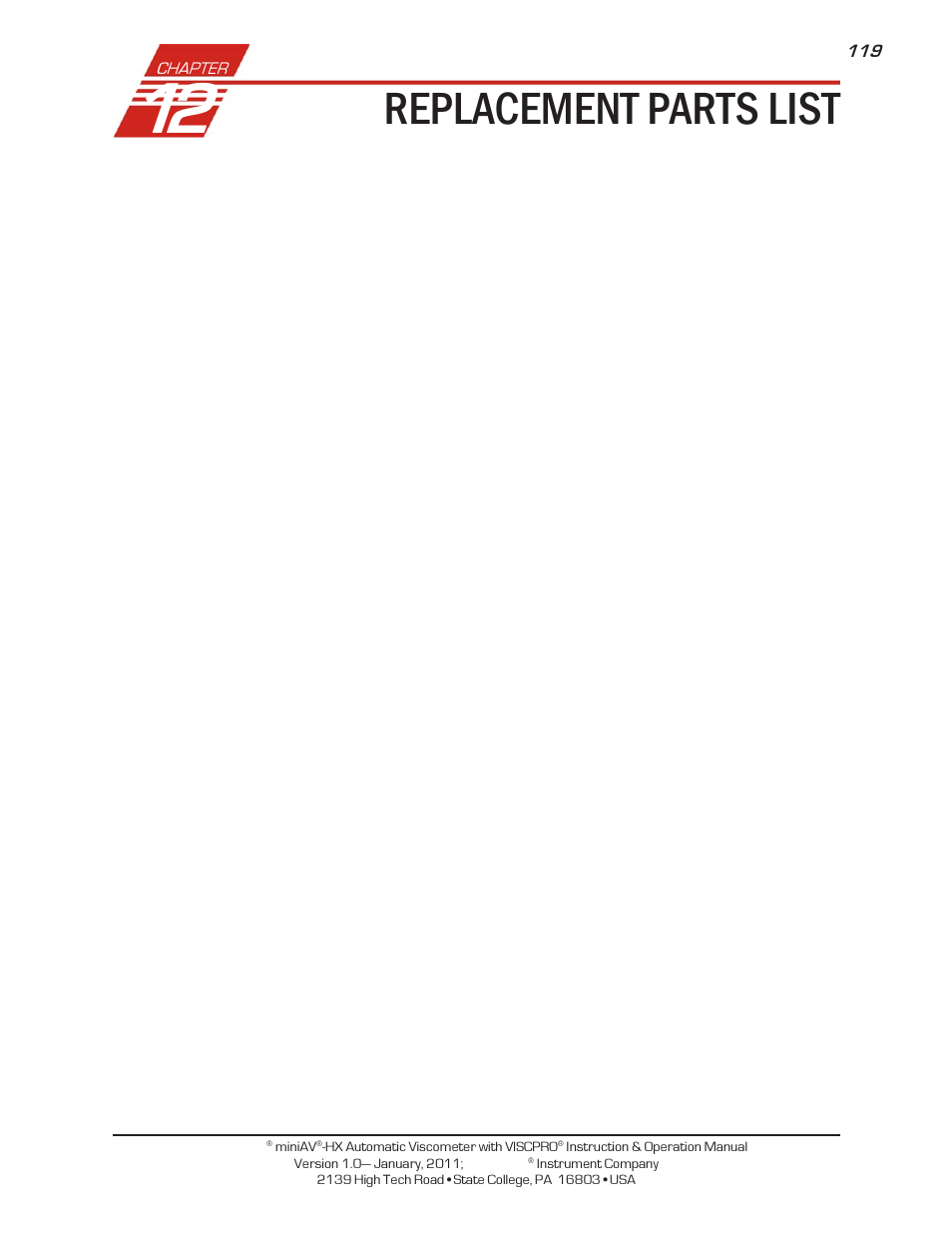 Replacement parts list | Cannon Instrument miniPV-X User Manual | Page 125 / 130