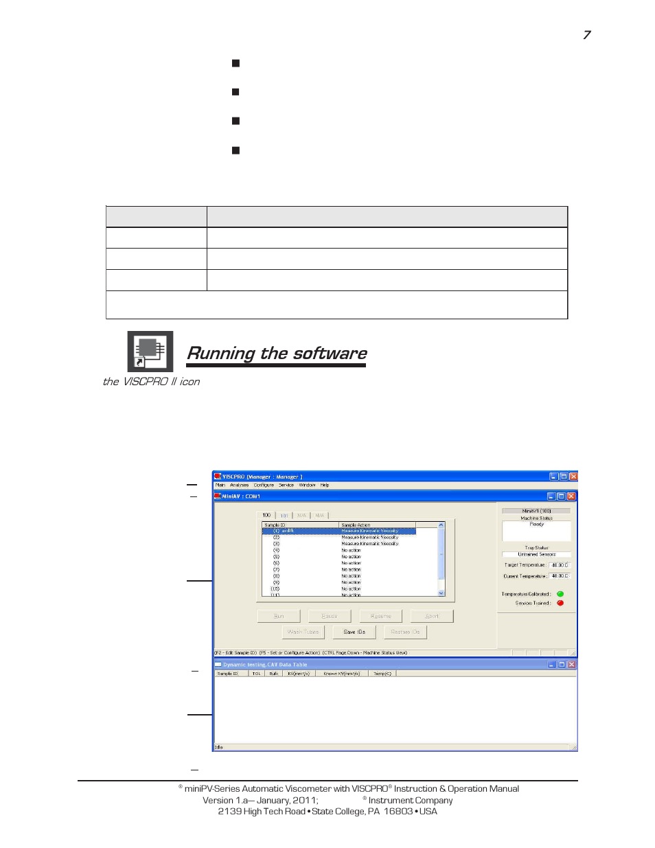 Running the software, Software. place a shortcut icon for the viscpro, Executable file on your windows | Software, double-click on the viscpro, Icon on your windows, Desktop (win- dows | Cannon Instrument miniPV-X User Manual | Page 13 / 130