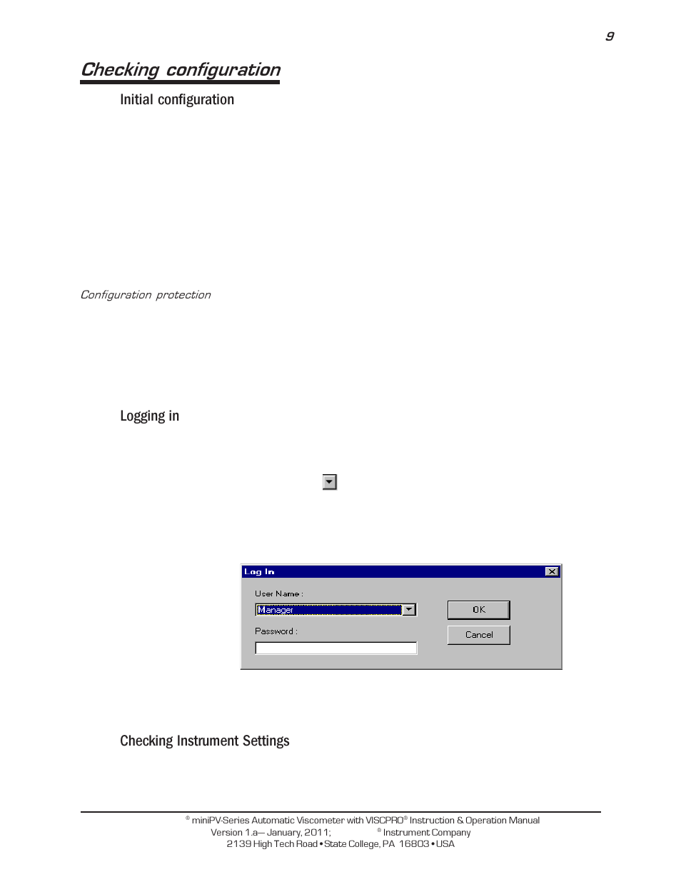 Checking configuration, Initial configuration, Logging in | Checking instrument settings | Cannon Instrument miniPV-X User Manual | Page 15 / 130