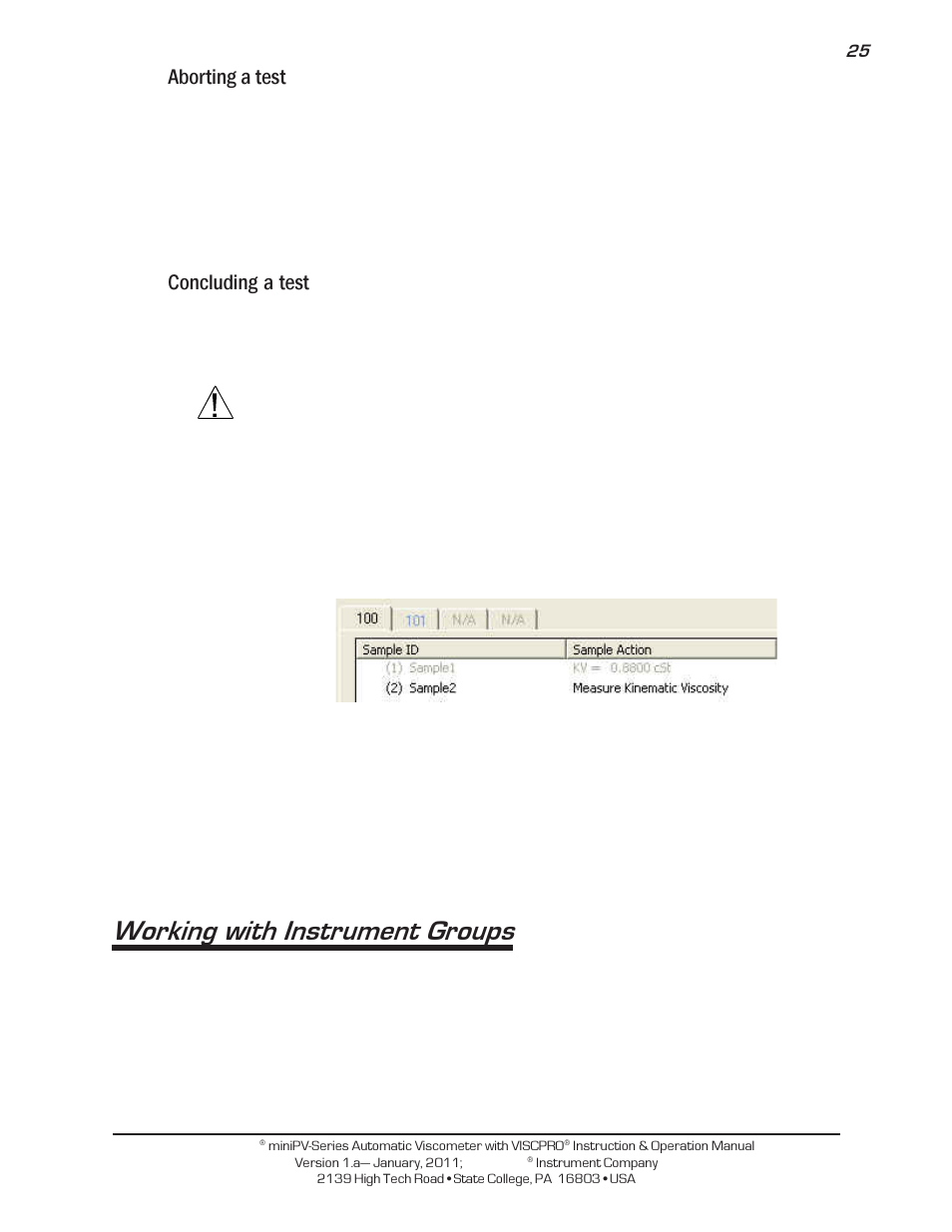 Working with instrument groups, Aborting a test, Concluding a test | Cannon Instrument miniPV-X User Manual | Page 31 / 130