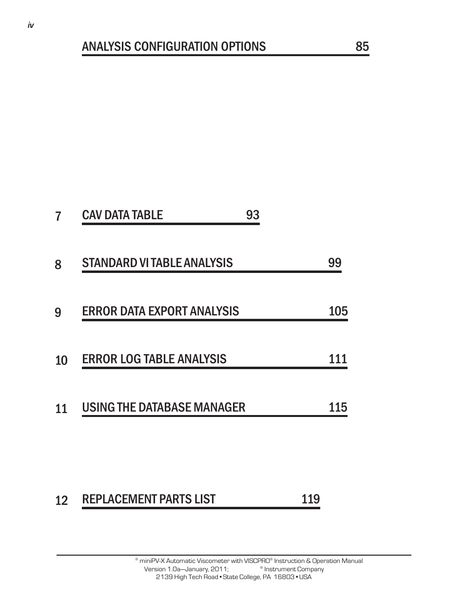 Analysis configuration options 85, 7cav data table 93, 8standard vi table analysis 99 | 9error data export analysis 105 | Cannon Instrument miniPV-X User Manual | Page 4 / 130