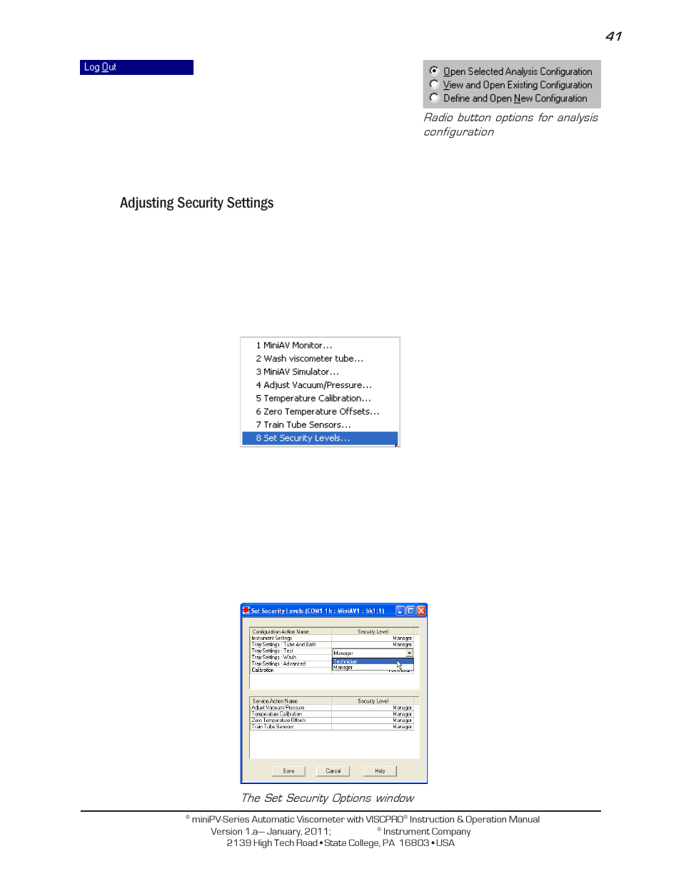 Adjusting security settings | Cannon Instrument miniPV-X User Manual | Page 47 / 130