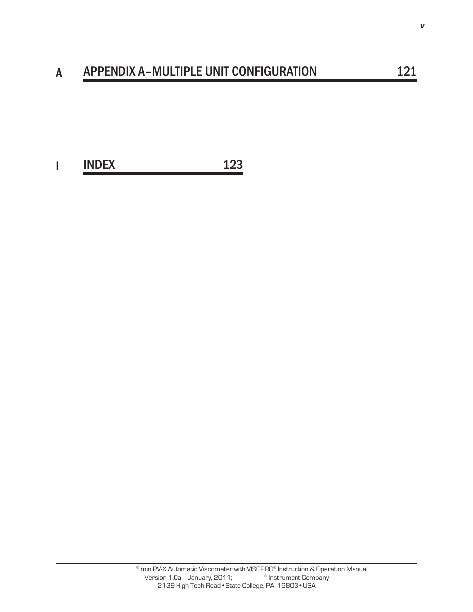 Aappendix a–multiple unit configuration 121, Iindex 123 | Cannon Instrument miniPV-X User Manual | Page 5 / 130