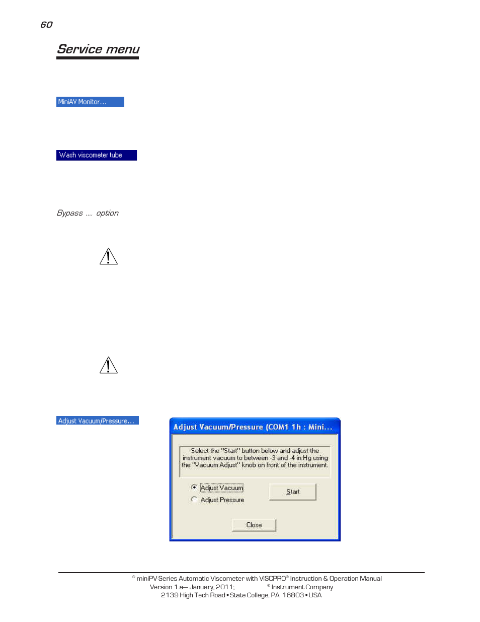 Service menu | Cannon Instrument miniPV-X User Manual | Page 66 / 130