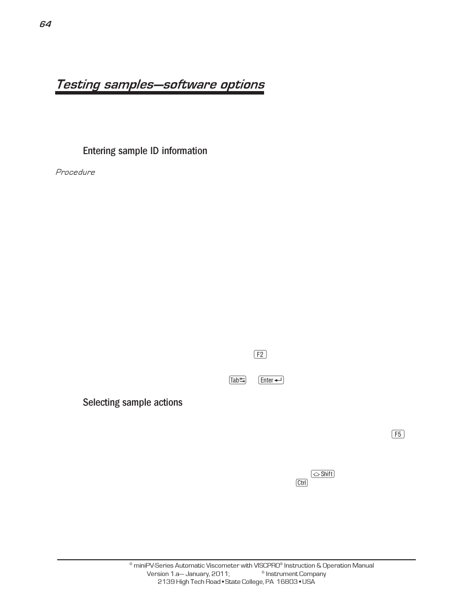 Testing samples—software options, Entering sample id information, Selecting sample actions | Cannon Instrument miniPV-X User Manual | Page 70 / 130