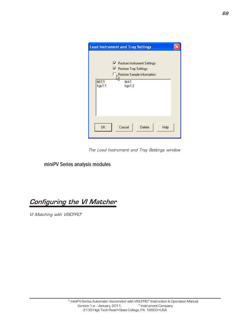 Configuring the vi matcher, Minipv series analysis modules | Cannon Instrument miniPV-X User Manual | Page 75 / 130