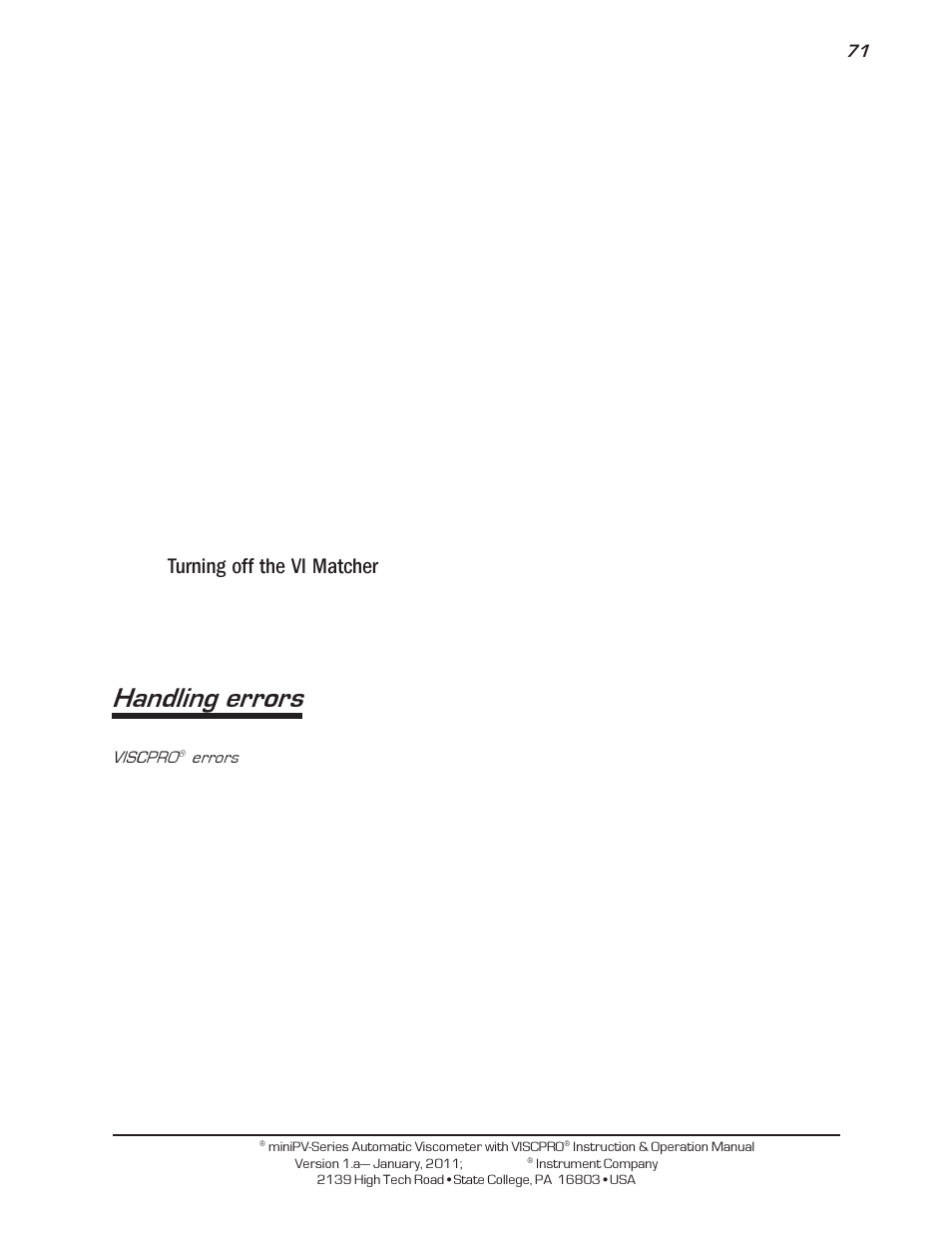 Handling errors, Turning off the vi matcher | Cannon Instrument miniPV-X User Manual | Page 77 / 130
