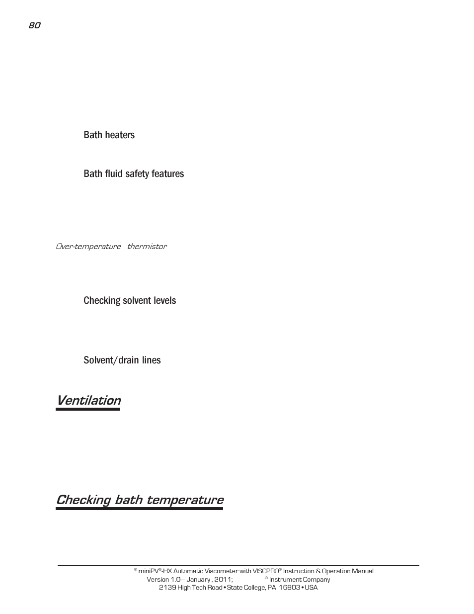Ventilation, Checking bath temperature, Bath heaters | Bath fluid safety features, Checking solvent levels, Solvent/drain lines | Cannon Instrument miniPV-X User Manual | Page 86 / 130